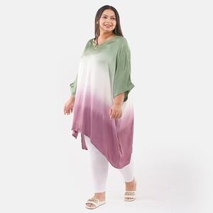 Tamsy Women Tunic Top 3X Ombre Satin V-Neck Embroidered Lagenlook Artsy Kaftan